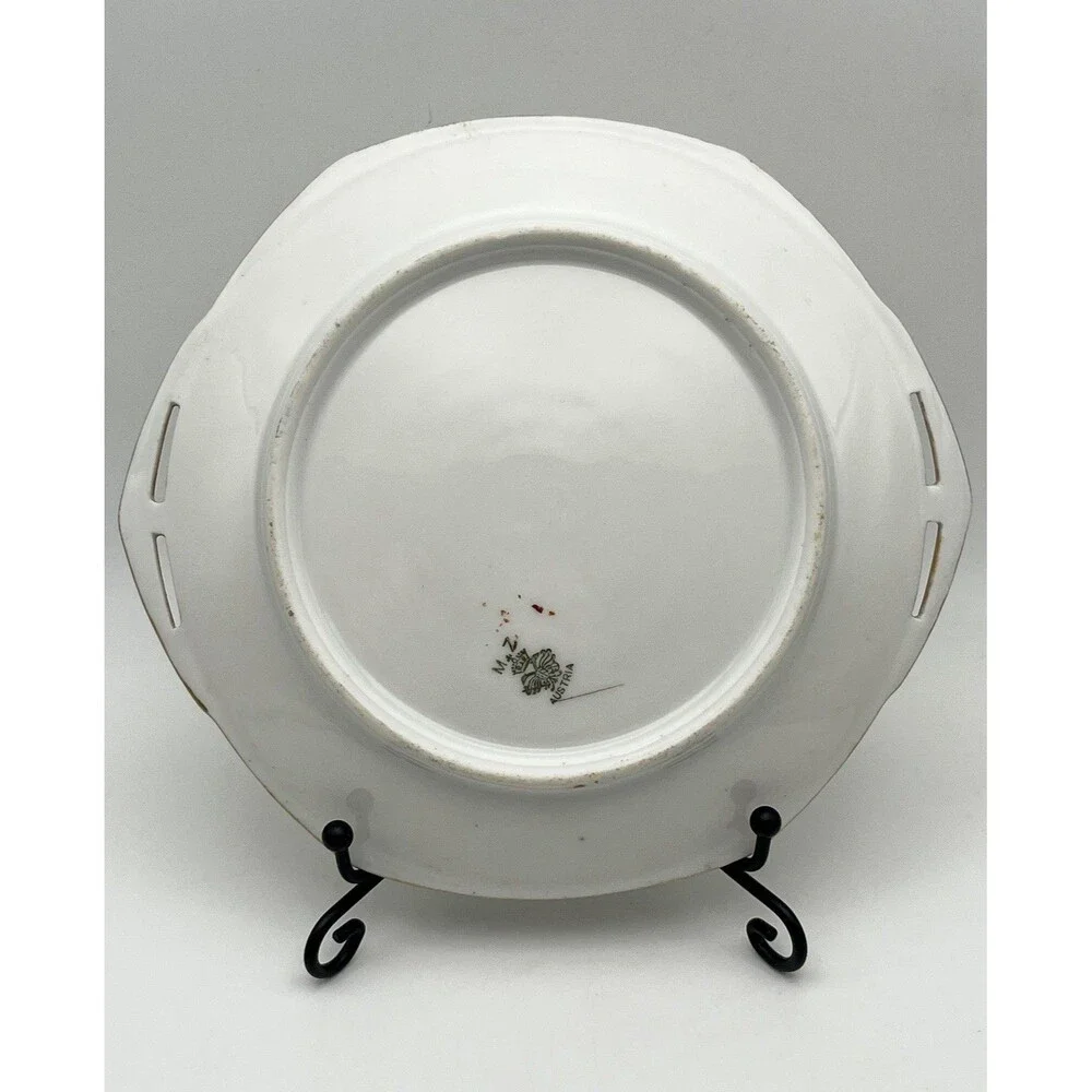 Antique MZ Austria 6.5” Porcelain Plate Floral White Gold Trim Pierced Handles - Picture 5 of 8